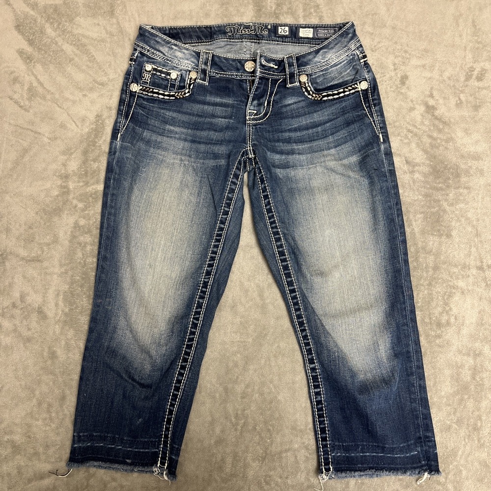 Miss Me Women Jean Capri Rhinestone Embroidery Signature Denim Pant 26 Blue